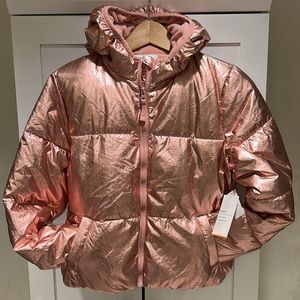 NWT Old Navy girls metallic pink rose gold hooded puffer coat size XL 14-16